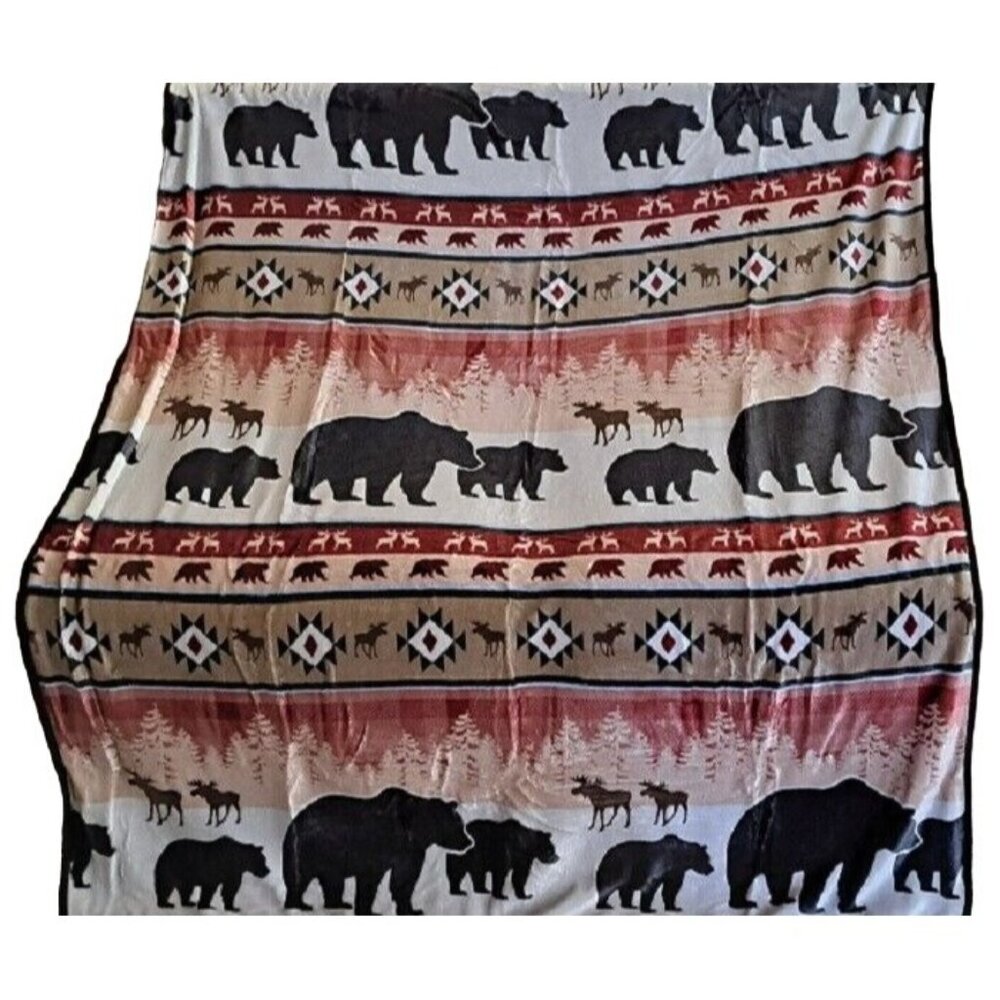 New Burgundy Red Lodge Plush Fleece Throw Gift Blanket Sherpa Bear Moose Outdoor